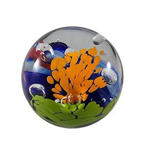 Vintage Art Glass Paperweight Blue Yellow Orange Red Controlled Bubbles